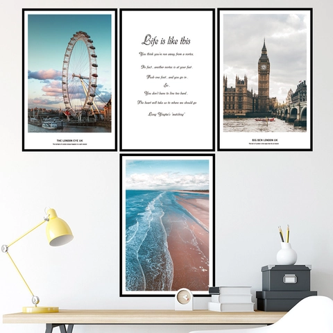 Moderne Nordisch London Wahrzeichen Architektur Wandaufkleber PVC Wasserdicht Selbstklebend Big Ben London Eye Meerwellen