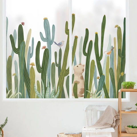 Nordic Style Cactus Green Plants PVC Wall Stickers Printed Cat And Birds Pattern Waterproof Decorative Decal For Living Room