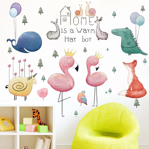 Cartoon Animal Wall Stickers Flamingo Alpaca Whale Balloon Watercolor PVC Decals For Nursery Kids Bedroom Home Wall Art