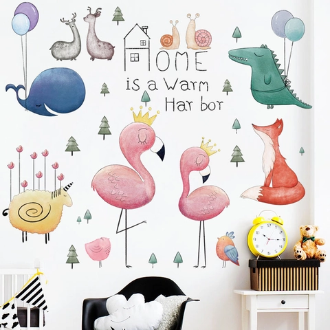 Cartoon Animal Wall Stickers Flamingo Alpaca Whale Balloon Watercolor PVC Decals For Nursery Kids Bedroom Home Wall Art