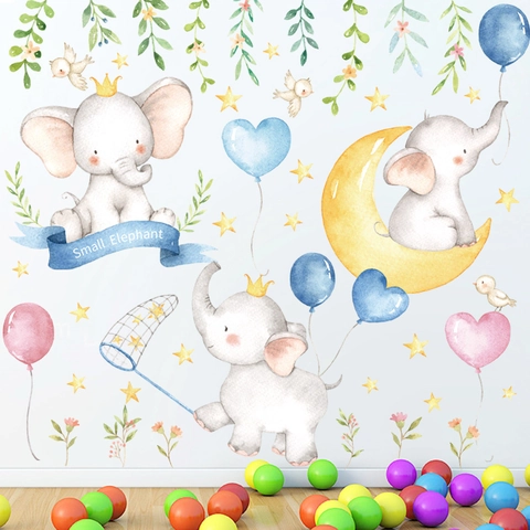 Adesivi Murali Elefante Cartone Animato per Camera dei Bambini Acquerello Animale Luna Stelle Palloncino Adesivo da Parete Rimovibile