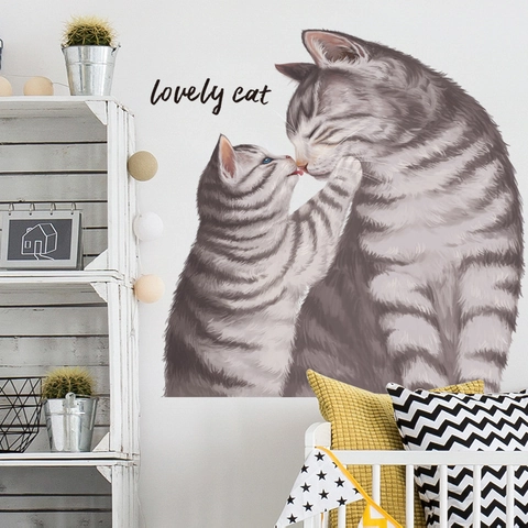 Cute Realistic Grey Striped Cats PVC Wall Sticker Waterproof Self-adhesive Lovely Cat Decal For Bedroom Dorm Pet Shop Home Decor