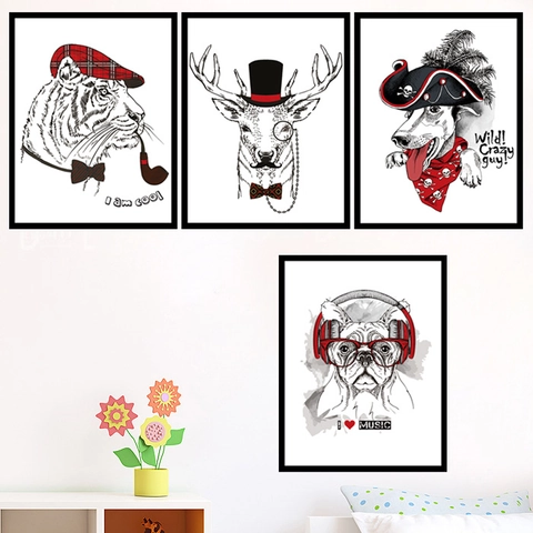 Pegatinas de Pared de PVC Estilo Nórdico Animales Antropomórficos Tigre Ciervo Perro Dibujo de Líneas Para Sala de Estar