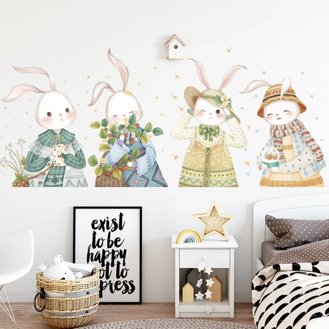 Vinilos Decorativos de Conejo de Dibujos Animados Pintados a Mano Acuarela Animal PVC para Habitación de Niños Dormitorio Decoración