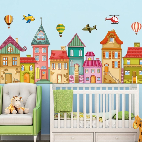 Adesivi Murali Architettura Città Cartone Animato Mongolfiera Aereo Adesivi Da Parete Impermeabile PVC Per Cameretta Bambini
