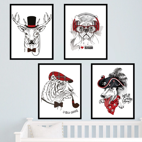 Pegatinas de Pared de PVC Estilo Nórdico Animales Antropomórficos Tigre Ciervo Perro Dibujo de Líneas Para Sala de Estar