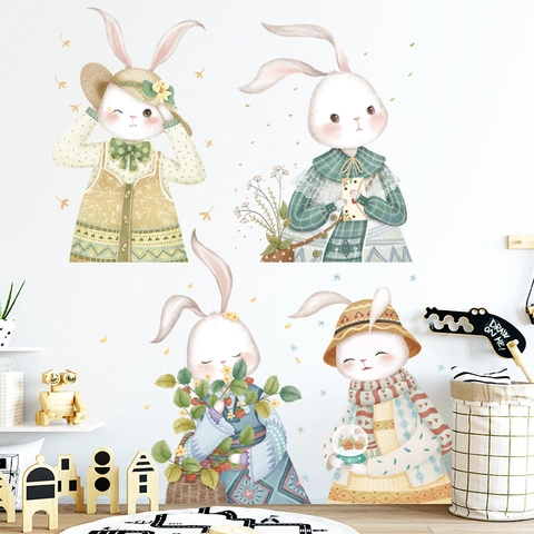 Vinilos Decorativos de Conejo de Dibujos Animados Pintados a Mano Acuarela Animal PVC para Habitación de Niños Dormitorio Decoración