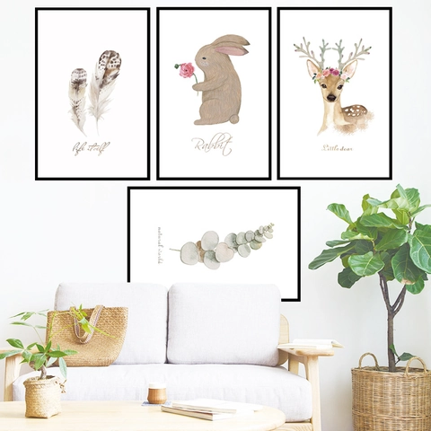Noords Minimalistisch Aquarel Dier Plant Muursticker PVC Waterdicht Zelfklevend Hert Konijn Eucalyptusblad Voor Slaapkamer Woonkamer Decoratie