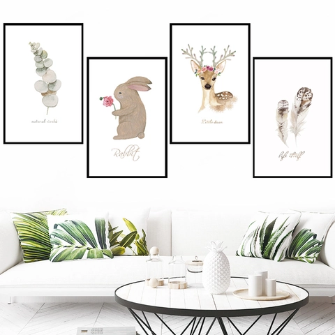 Noords Minimalistisch Aquarel Dier Plant Muursticker PVC Waterdicht Zelfklevend Hert Konijn Eucalyptusblad Voor Slaapkamer Woonkamer Decoratie
