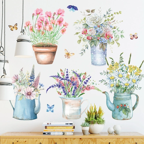 Aquarell Topfpflanzen Blumen Wandaufkleber Wasserdicht PVC Selbstklebend Wandtattoo Für Wohnzimmer Schlafzimmer Home Deko