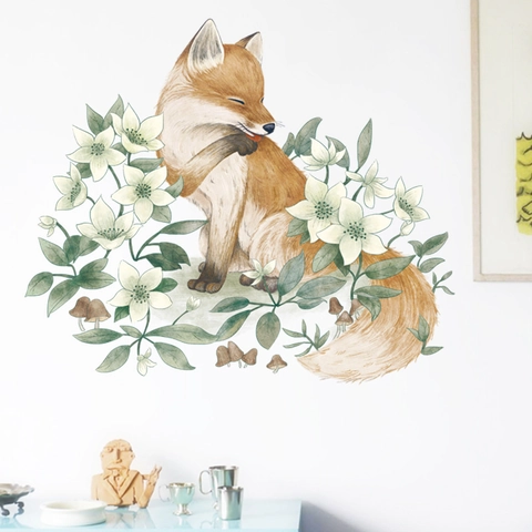 Pegatina de Pared de Zorro y Flores en Acuarela Estilo Nórdico Autoadhesiva de PVC para Sala de Estar Dormitorio Decoración