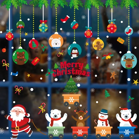 Pegatinas de Pared de Navidad Dibujos Animados Papá Noel Reno Tren Vinilos Ventana PVC Impermeable Feliz Navidad