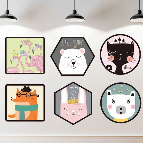 Adesivi da Parete in PVC con Animali dei Cartoni Animati Rimovibili Stile Nordico Gatto Volpe Orso Fenicottero Geometrico