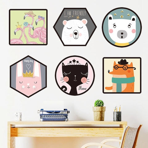 Adesivi da Parete in PVC con Animali dei Cartoni Animati Rimovibili Stile Nordico Gatto Volpe Orso Fenicottero Geometrico