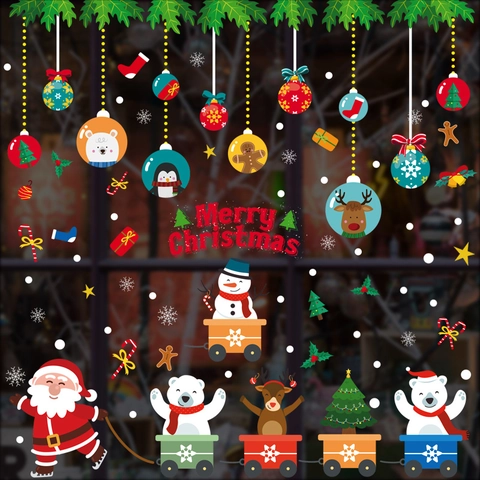 Pegatinas de Pared de Navidad Dibujos Animados Papá Noel Reno Tren Vinilos Ventana PVC Impermeable Feliz Navidad