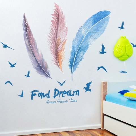 Aquarell Feder Und Fliegende Vögel Wandaufkleber Selbstklebende PVC Wandtattoo Für Wohnzimmer Schlafzimmer TV Hintergrund Deko