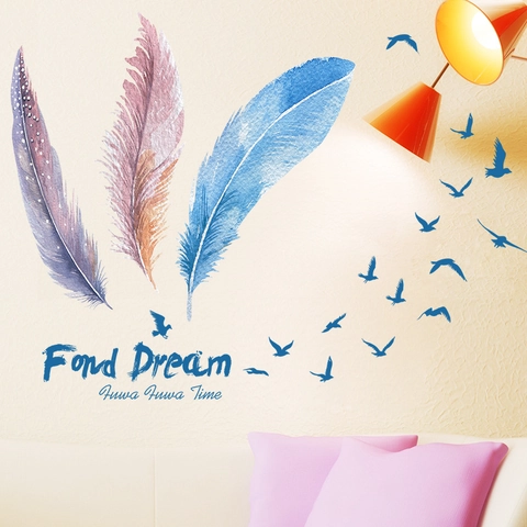 Aquarell Feder Und Fliegende Vögel Wandaufkleber Selbstklebende PVC Wandtattoo Für Wohnzimmer Schlafzimmer TV Hintergrund Deko
