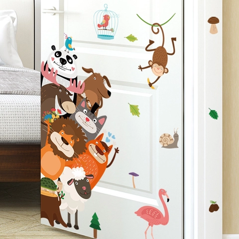 Nordic Cartoon Animal PVC Wall Stickers For Kids Room Kindergarten Self-Adhesive Panda Lion Monkey Flamingo Wall Decal Door Decoration