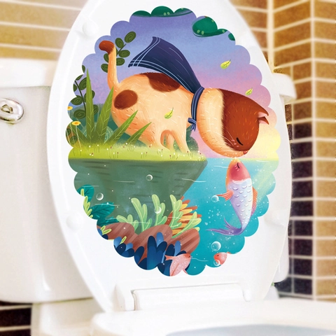 Cartoon Kat Vis Waterdicht Toiletdeksel Sticker PVC Badkamer Decoratie Zelfklevende Muursticker Decal Sticker