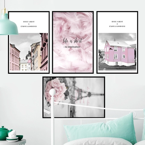 Pegatinas De Pared Nórdicas Rosa Arquitectura Pluma Autoadhesivas PVC Decoración Estética De Pared Para Dormitorio Sala De Estar Fondo