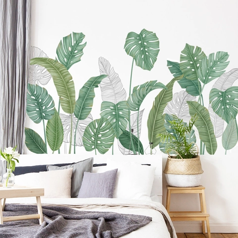 Estilo Nórdico Hojas de Monstera Tropical y Plátano Pegatinas de Pared PVC Removible Autoadhesivo Plantas Verdes para Decoración
