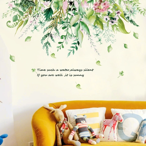 Watercolor Green Leaf Pink Flower Wall Stickers Self Adhesive PVC Nordic Floral Wall Decals For Living Room Bedroom Home Decor