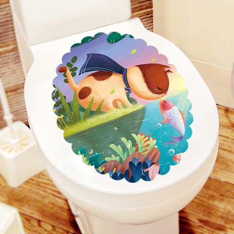Cartoon Kat Vis Waterdicht Toiletdeksel Sticker PVC Badkamer Decoratie Zelfklevende Muursticker Decal Sticker