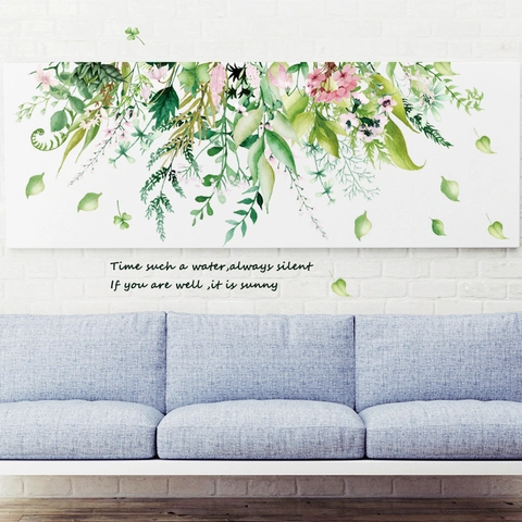 Watercolor Green Leaf Pink Flower Wall Stickers Self Adhesive PVC Nordic Floral Wall Decals For Living Room Bedroom Home Decor