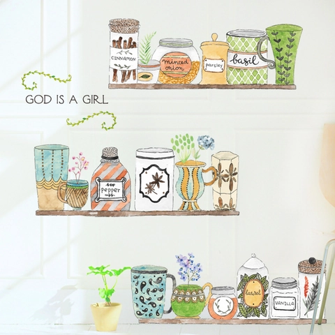 Kitchen Spice Jar Wall Stickers Watercolor Plant Floral PVC Waterproof Decals For Living Room Dining Room Home Decor