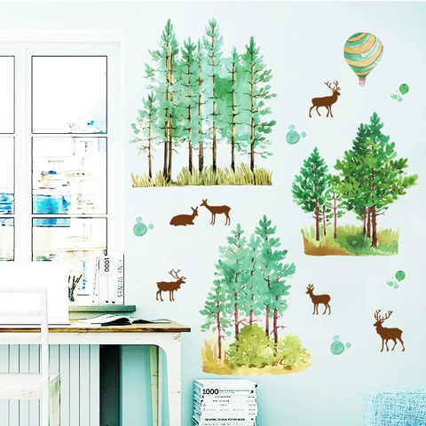 Sticker Mural Aquarelle Forêt Renne Pin PVC Amovible pour Chambre d'Enfant Salon Chambre à Coucher Décoration Naturelle