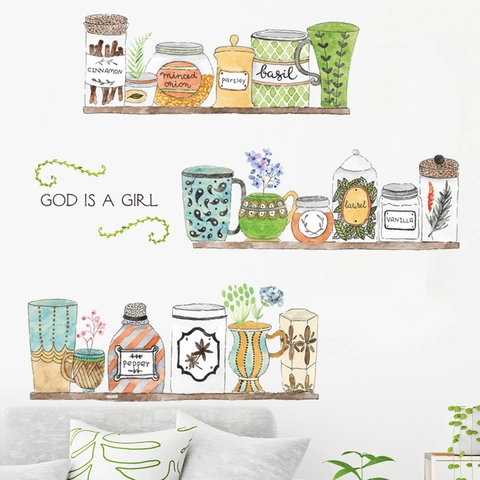 Kitchen Spice Jar Wall Stickers Watercolor Plant Floral PVC Waterproof Decals For Living Room Dining Room Home Decor