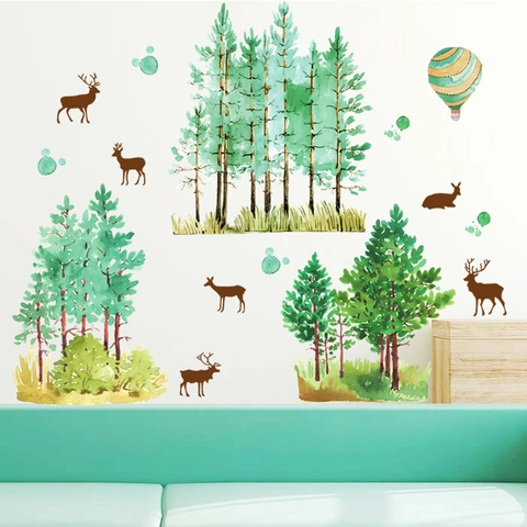 Sticker Mural Aquarelle Forêt Renne Pin PVC Amovible pour Chambre d'Enfant Salon Chambre à Coucher Décoration Naturelle