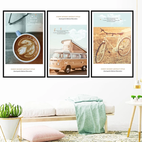 Adesivi Murali in PVC Nordic Modern Abstract Scenery Caffè Vintage Bus Bicicletta Decalcomania Decorativa per Camera da Letto Decorazioni Casa