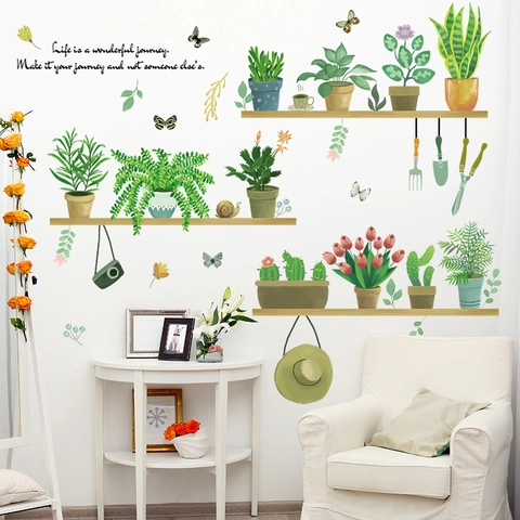 Adesivi Murali Piante in Vaso Nordiche PVC Impermeabile Botanico Foglia Verde Con Citazione Motivazionale Per Casa