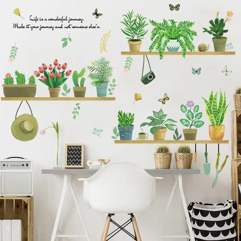 Adesivi Murali Piante in Vaso Nordiche PVC Impermeabile Botanico Foglia Verde Con Citazione Motivazionale Per Casa