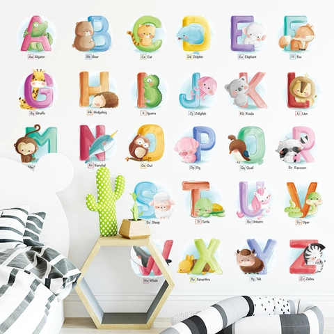 PVC Wasserdicht Cartoon Tiere Alphabet A-Z Wandtattoo Aquarell Bildung Aufkleber Für Kinderzimmer Kinderzimmer Dekor