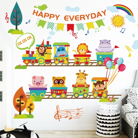 Cartoon Animal Train Wall Sticker PVC Waterproof Rainbow Nursery Decor For Kids Bedroom Playroom Kindergarten Wall Decals