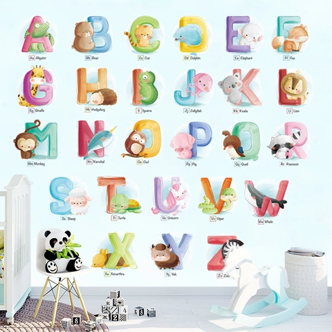 PVC Wasserdicht Cartoon Tiere Alphabet A-Z Wandtattoo Aquarell Bildung Aufkleber Für Kinderzimmer Kinderzimmer Dekor