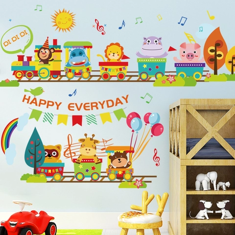 Cartoon Animal Train Wall Sticker PVC Waterproof Rainbow Nursery Decor For Kids Bedroom Playroom Kindergarten Wall Decals