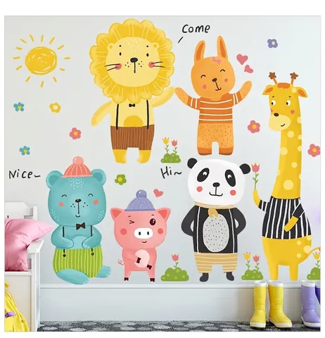Cute Cartoon Animal Wall Stickers For Kids Room Bedroom PVC Waterproof Removable DIY Giraffe Lion Panda Decal Home Decor