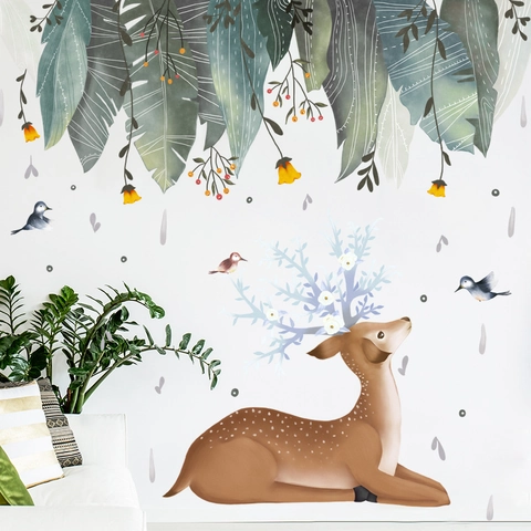 Pegatinas de Pared de Estilo Nórdico Ciervo del Bosque Hojas Tropicales Impermeable PVC Calcomanías de Pared para Sala de Estar Dormitorio