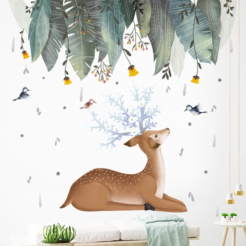 Pegatinas de Pared de Estilo Nórdico Ciervo del Bosque Hojas Tropicales Impermeable PVC Calcomanías de Pared para Sala de Estar Dormitorio