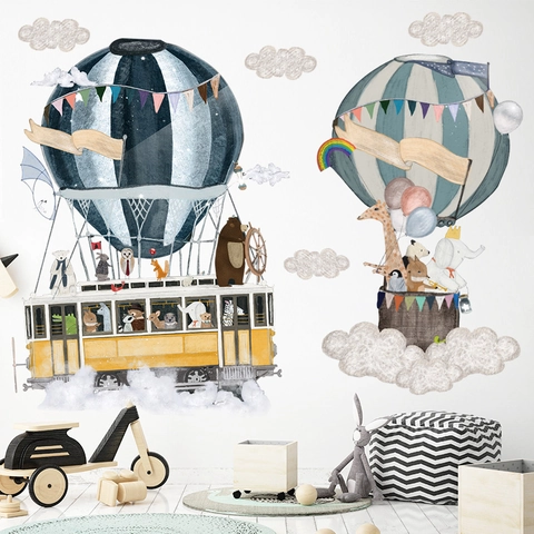 Nordic Watercolor Animal Hot Air Balloon Wall Sticker Waterproof PVC Decal For Kids Nursery Room Bedroom Wall Decoration