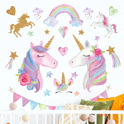 Unicorn Wall Stickers Rainbow Star Heart DIY PVC Wall Decals For Kids Room Girls Bedroom Nursery Decor Watercolor Cartoon Style