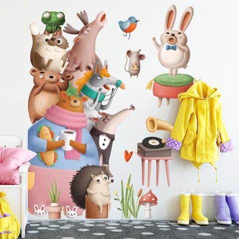 Cartoon Animal Wall Stickers PVC Waterproof Self-Adhesive Forest Bear Rabbit Hedgehog Stacked Pattern For Kids Room Decor