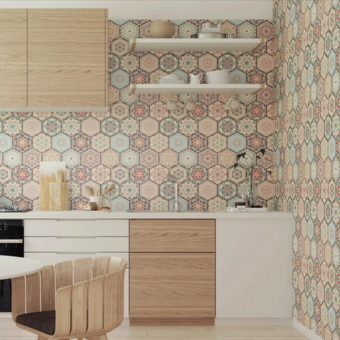 Pegatinas de Pared de PVC Impermeables con Patrón de Mandala Hexagonal Calcomanías Autoadhesivas para Azulejos Baño Cocina