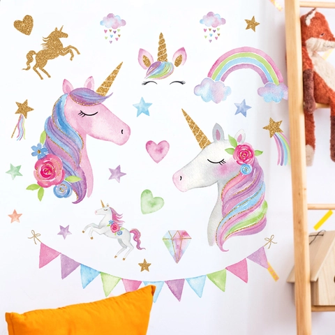Unicorn Wall Stickers Rainbow Star Heart DIY PVC Wall Decals For Kids Room Girls Bedroom Nursery Decor Watercolor Cartoon Style