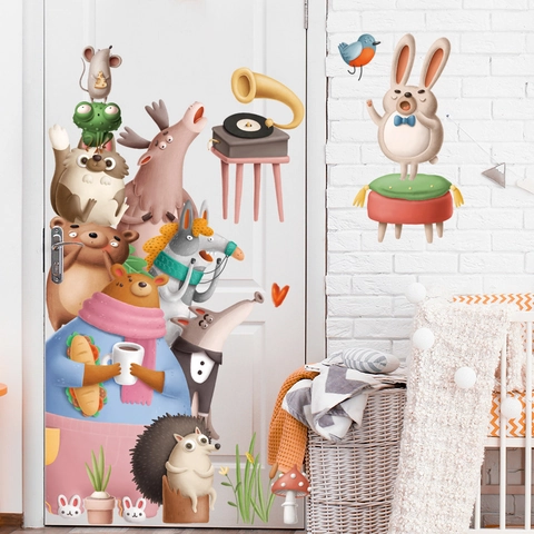 Cartoon Animal Wall Stickers PVC Waterproof Self-Adhesive Forest Bear Rabbit Hedgehog Stacked Pattern For Kids Room Decor