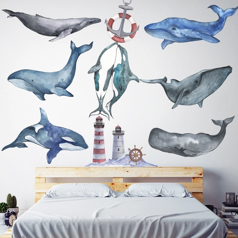 Pegatina Pared Ballena Faro Acuarela PVC Autoadhesiva Tema Náutico Marino Mural Para Habitación Infantil Dormitorio Decor