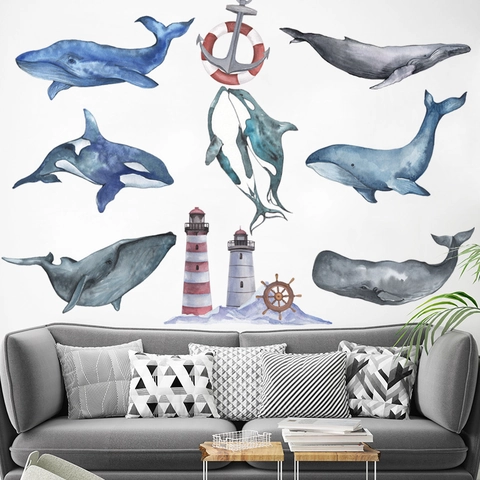 Pegatina Pared Ballena Faro Acuarela PVC Autoadhesiva Tema Náutico Marino Mural Para Habitación Infantil Dormitorio Decor